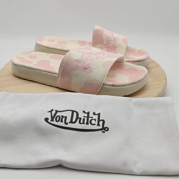 Von Dutch Other - Von Dutch Slide Sandals Mens Size 12 Pink Cow Print Logo Slip On Shoes MSH5035